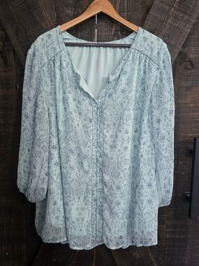 St John Bay Light Blue Floral Print Peasant Blouse - Women 3X